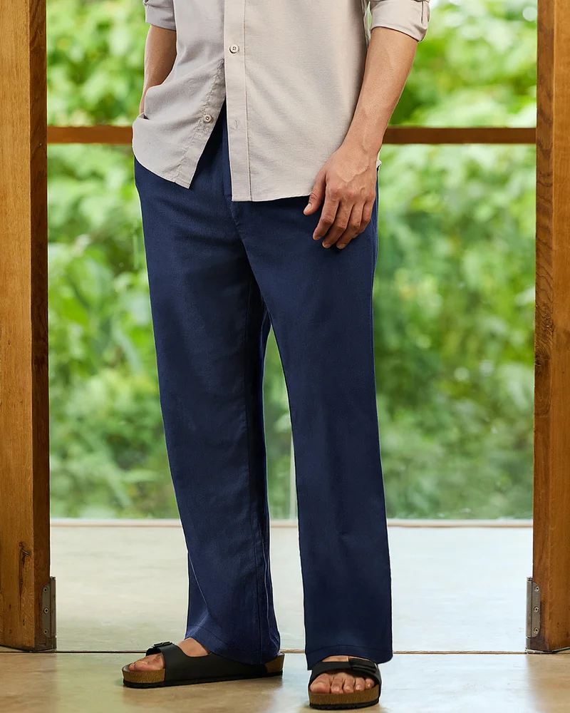 بيواكوف Men's Navy Blue Straight Fit Cotton Linen Pants